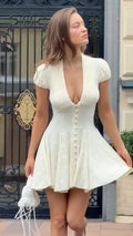 Elegant Solid Polka Dot Dress Women Sexy Deep V Neck Puff Sleeve Waist-cinching Mini  A-line Dresses 2026 Summer Lady Party Robe