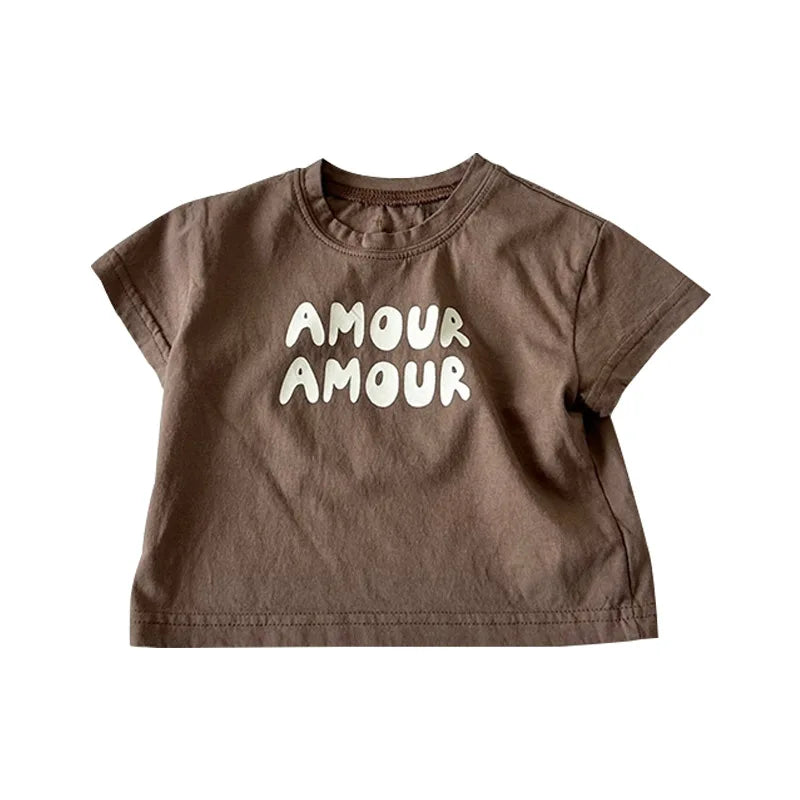 Summer Korean Style Kids T-Shirt Letter Print Cotton Short Sleeve Children Top Solid Color Thin Soft Clothes for Boys Girls