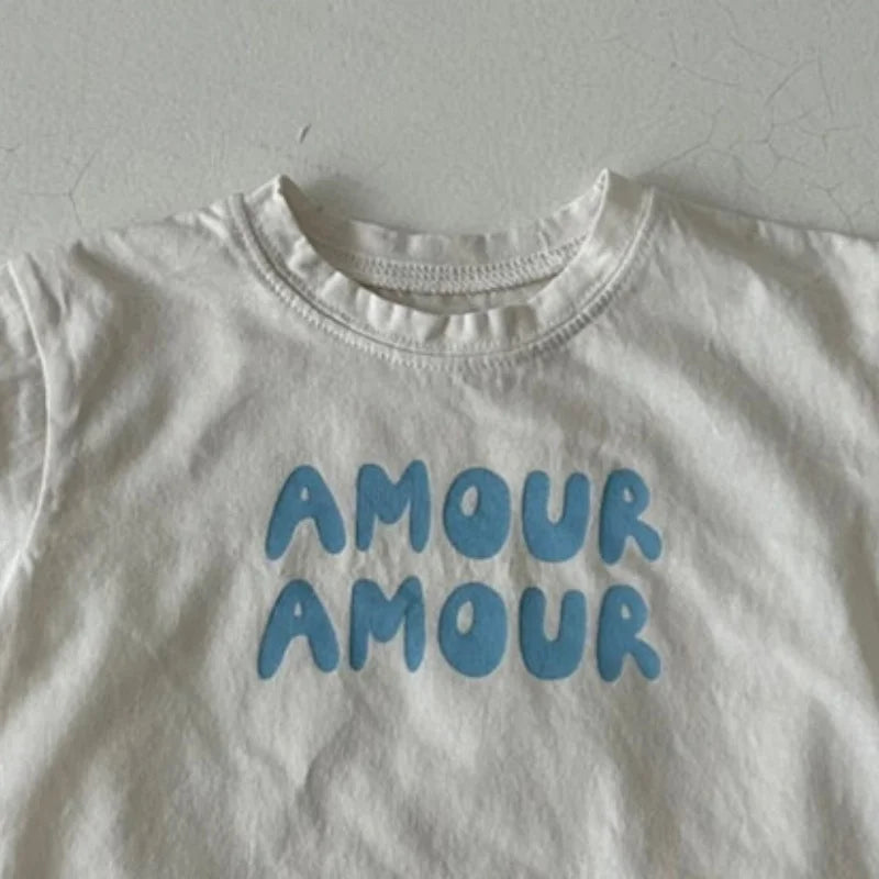 Summer Korean Style Kids T-Shirt Letter Print Cotton Short Sleeve Children Top Solid Color Thin Soft Clothes for Boys Girls