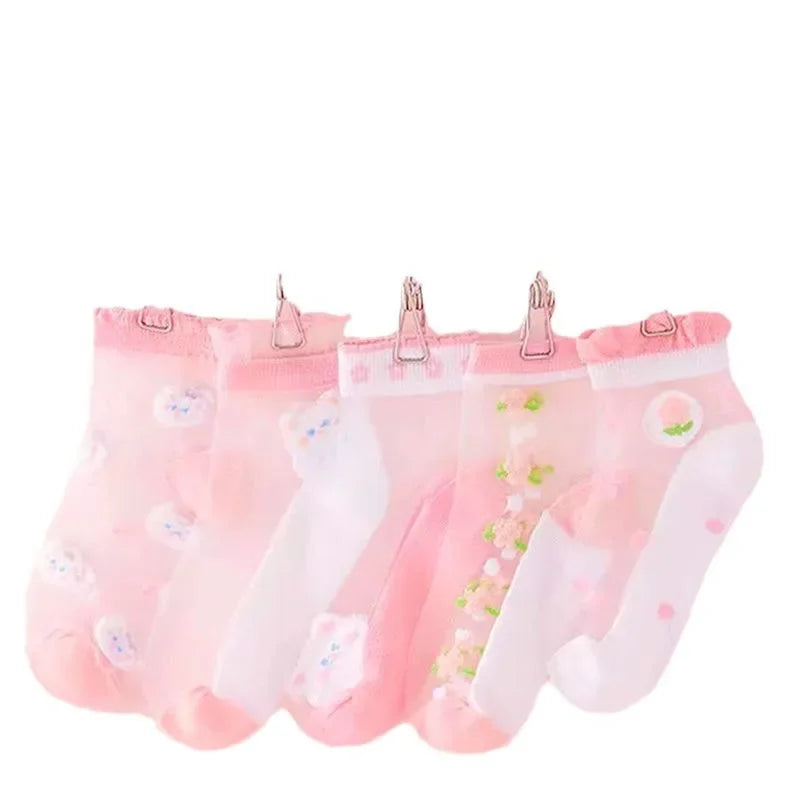 5 Pairs/Baby Girl Summer Socks Thin Ice Silk Mesh Crystal Breathable Cotton Short Mid Calf Boat Socks for Kids