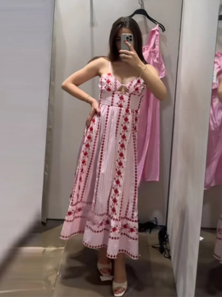 Fashion Women's Dress Halter Sleeveless Hollow Out Print Female Dresses 2026 Summer Vacation Holiday Beach Chic Sexy Lady Robe