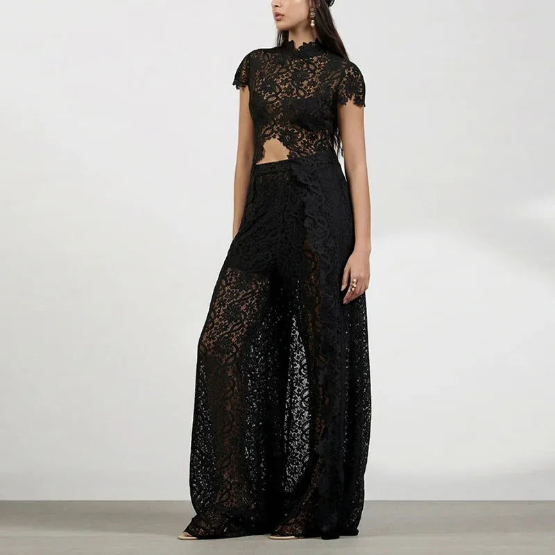 See Through Lace Vest Pant Set Women Beach Sling  Tops Pleated Straight Pants 2026 Summer Vacation Hollow Out Lady Suits