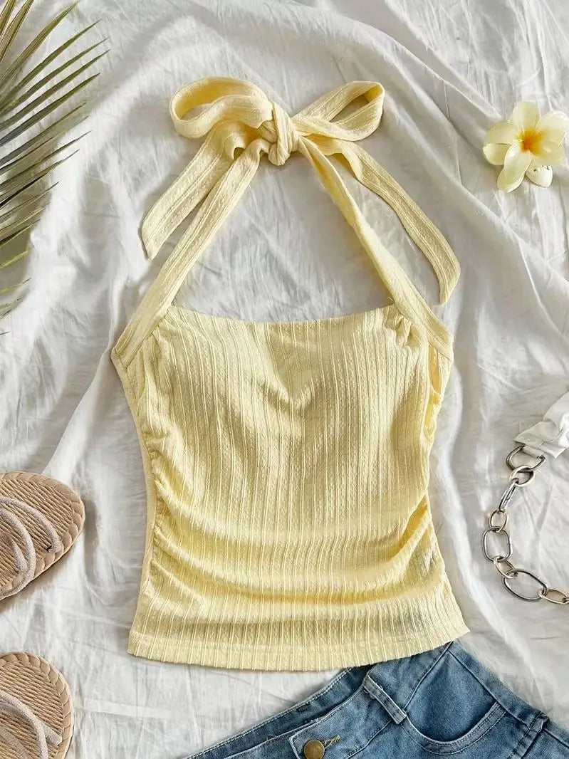 Short Top, Women's Vacation Knitted Tie Hanging Neck Tie Top
