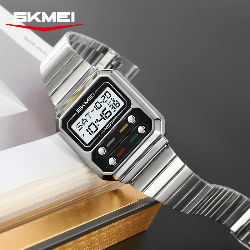 SKMEI 2448 Luxury Stainless Steel Digital Watch for Men Waterproof Countdown Shockproof Mens Wristwatches Relojes Para Hombre