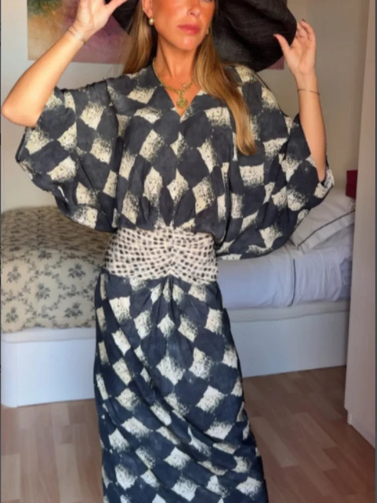 Elegant Plaid Printed Women's Dress V-neck Batwing Sleeve Waist Cinching Long Dress 2026 Spring Summer Casual Holiday Lady Robes