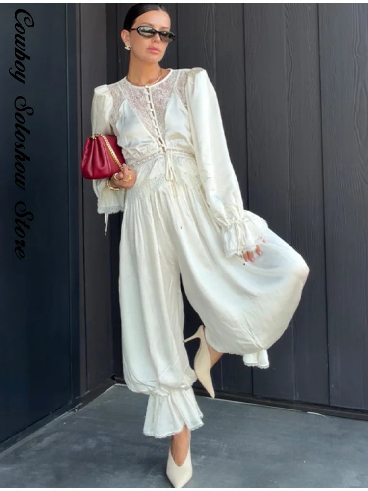 Casual Lace Spliced Pants Set Summer Women's Suit Elegant Round Neck Waist Cinching Blouse New Street Evening 2 Pieces Outfits