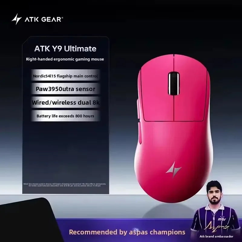 ATK Y9 Ultimate Tri-Model Wireless Gaming Mouse Dual 8KHz Lightweight PAW3950 UItra Right-Hand Ergonomic E-sports Custom Mouse