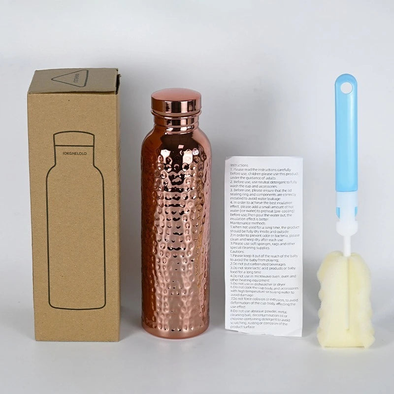 New 800ML Electroplated Copper Water Bottle One-Click Open Lid Stainless Steel Hammer Pattern Cup Sports Water Bottle