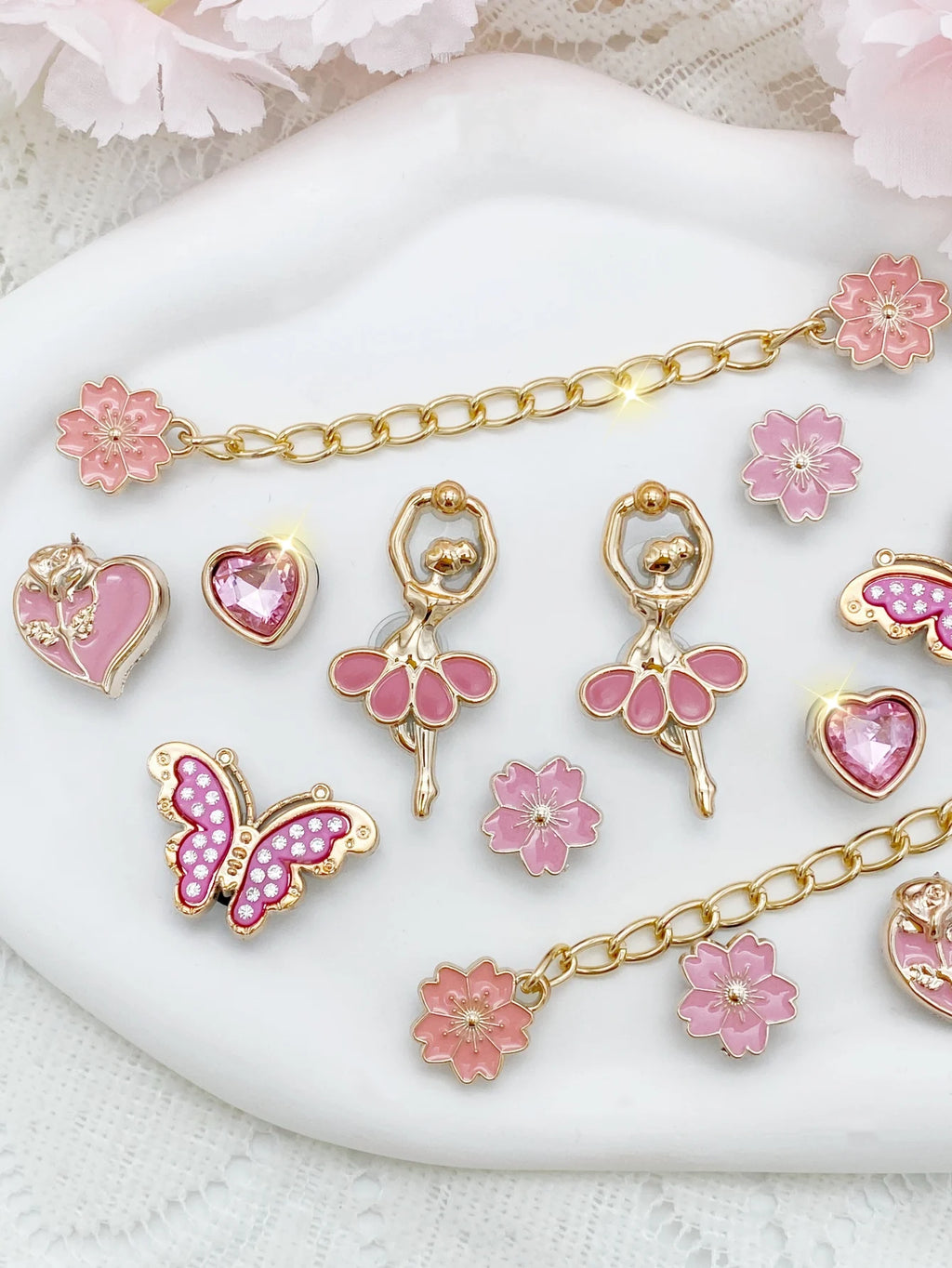 14pcs Fashion ABS Shoe Charms – Pink Flowers, Butterflies, Hearts & Flower Chains. DIY Removable Clog Decorations for Sandals, A