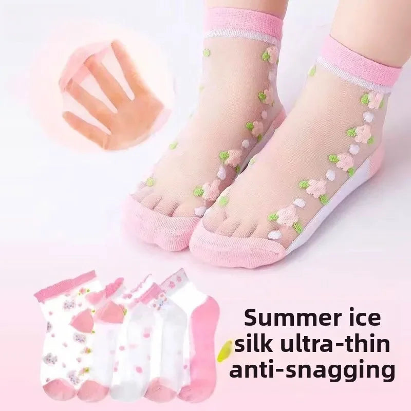 5 Pairs/Baby Girl Summer Socks Thin Ice Silk Mesh Crystal Breathable Cotton Short Mid Calf Boat Socks for Kids