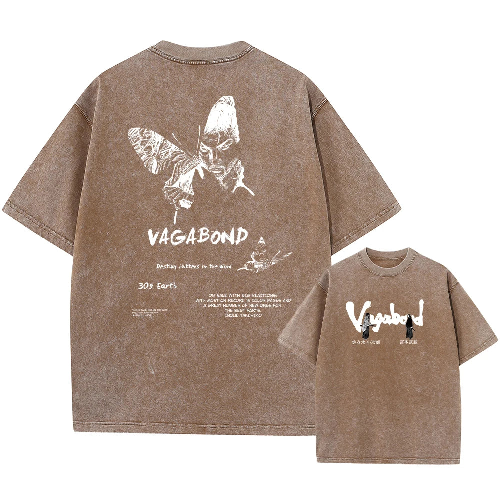 Anime Vagabond Miyamoto Musashi Cool Graphic Washed T Shirt Men Vintage Cotton T-shirts Harajuku Male Manga Comfortable Tshirt