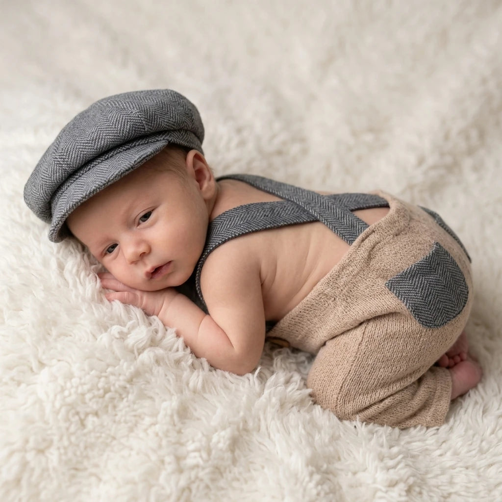 Newborn Boy Photography Props Knit Suspender Romper with Newsboy Hat Set Infant Photo Shoot Outfits Baby Photo Accessories