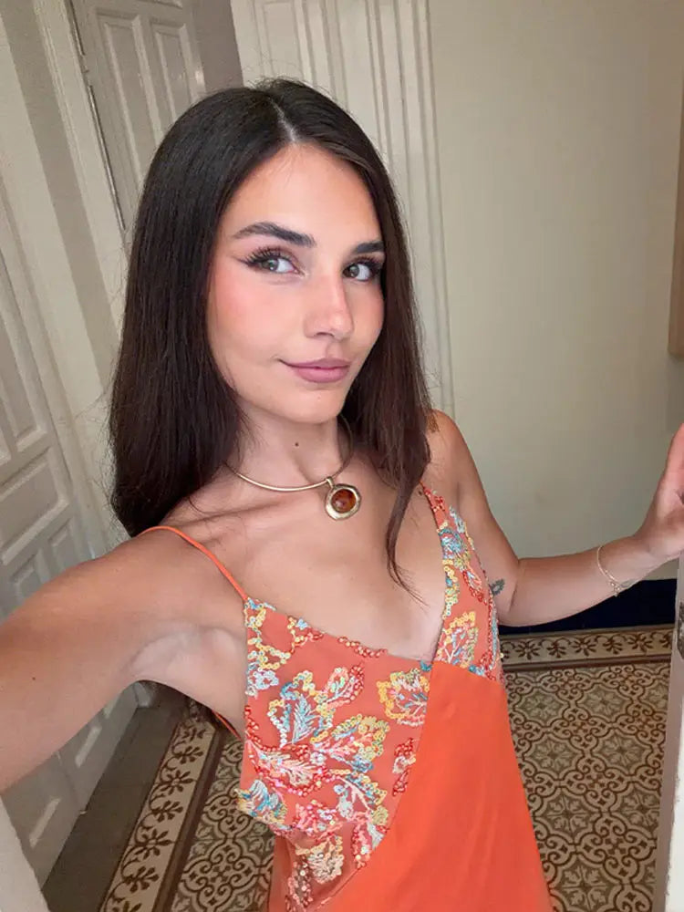 Sexy Women's Sequined Flower Long Orange Sling Dress Deep V Neck Sleeveless Backless Dresses 2026 Summer Holiday Party Robes New