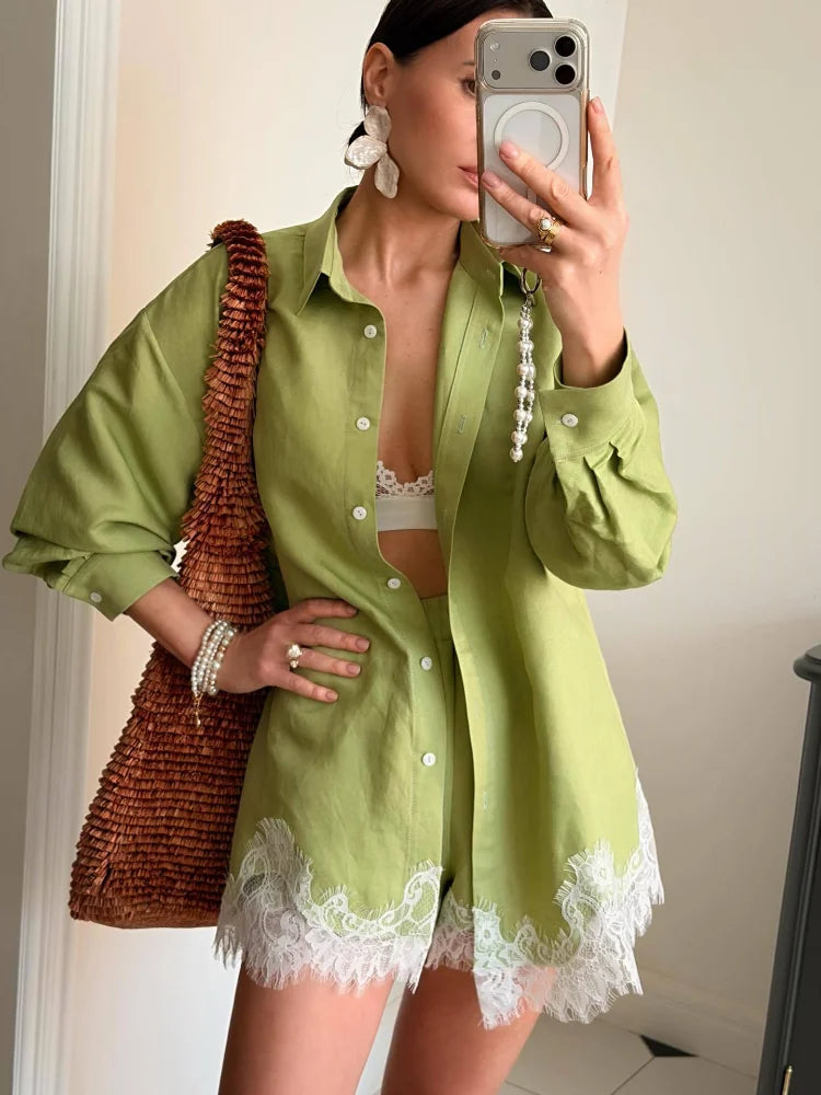 Casual Women's Matching Sets Long Sleeve Shirts Shorts Suit Lace Patchwork 2 Pieces Sets 2026 NEW Spring Beach Lady Outfits