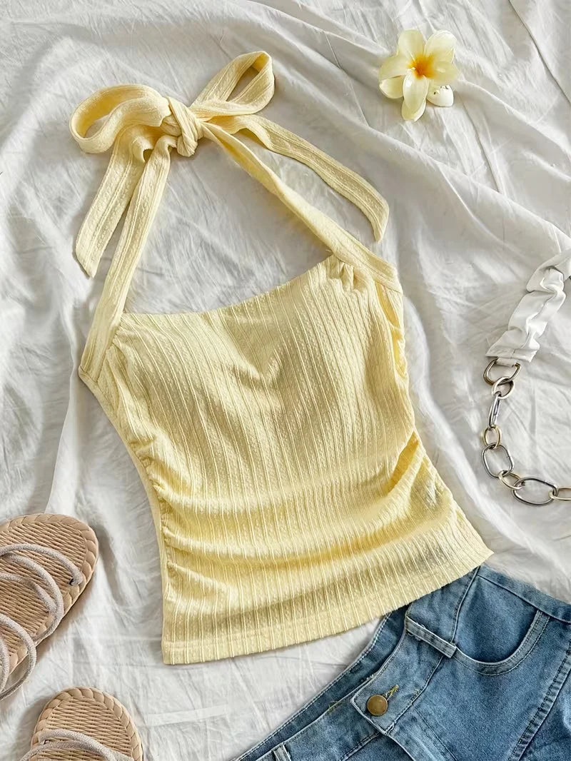 Short Top, Women's Vacation Knitted Tie Hanging Neck Tie Top
