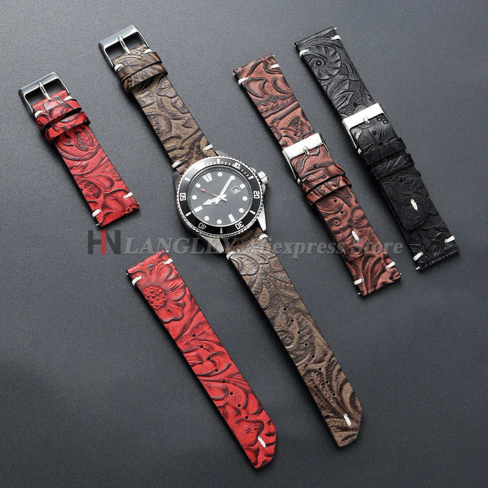 Genuine Calfskin Watch Strap 20mm 22mm for Seiko for Omega Leather Watchbands Printed Pattern Brown Women Men Watch Accessories