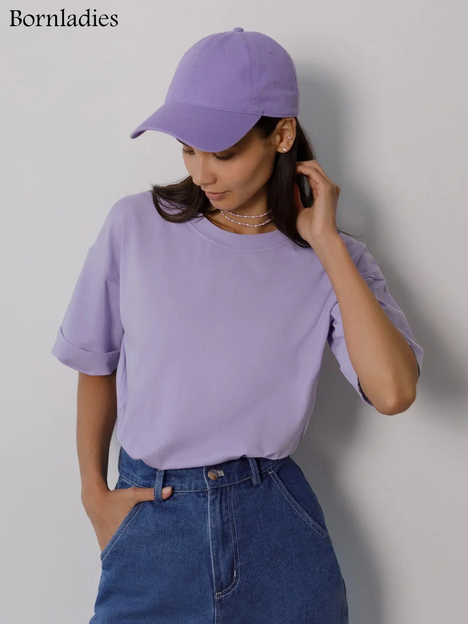 Bornladies 2025 Women's Summer 100% Cotton T-shirt Bottoming Basic Fashionable Solid Lady Short Sleeve Loose Tops Shirts