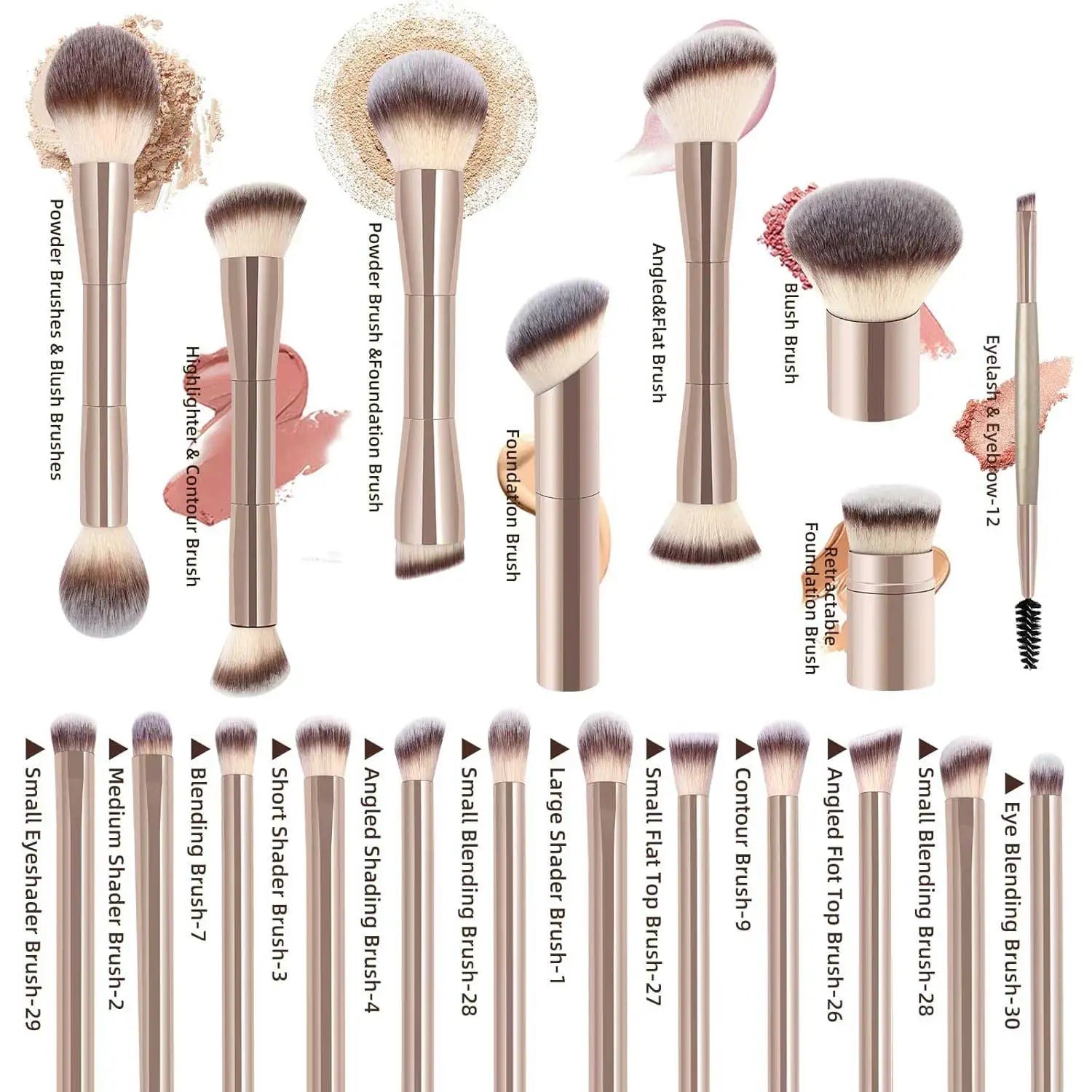 20pcs/set Pro Makeup Brushes Double Ended Foundation Concealers Blush Eye Shadows Brush for Liquid Cream Powder Blending