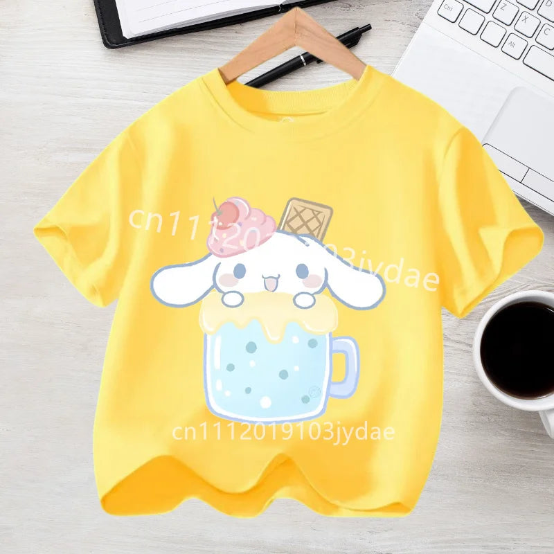 2026 Summer Casual Clothes Kawaii Gift Cute Cinnamoroll Girl T-shirt Cotton Anime Print Tee Shirt Kids Short Sleeve Streetwear