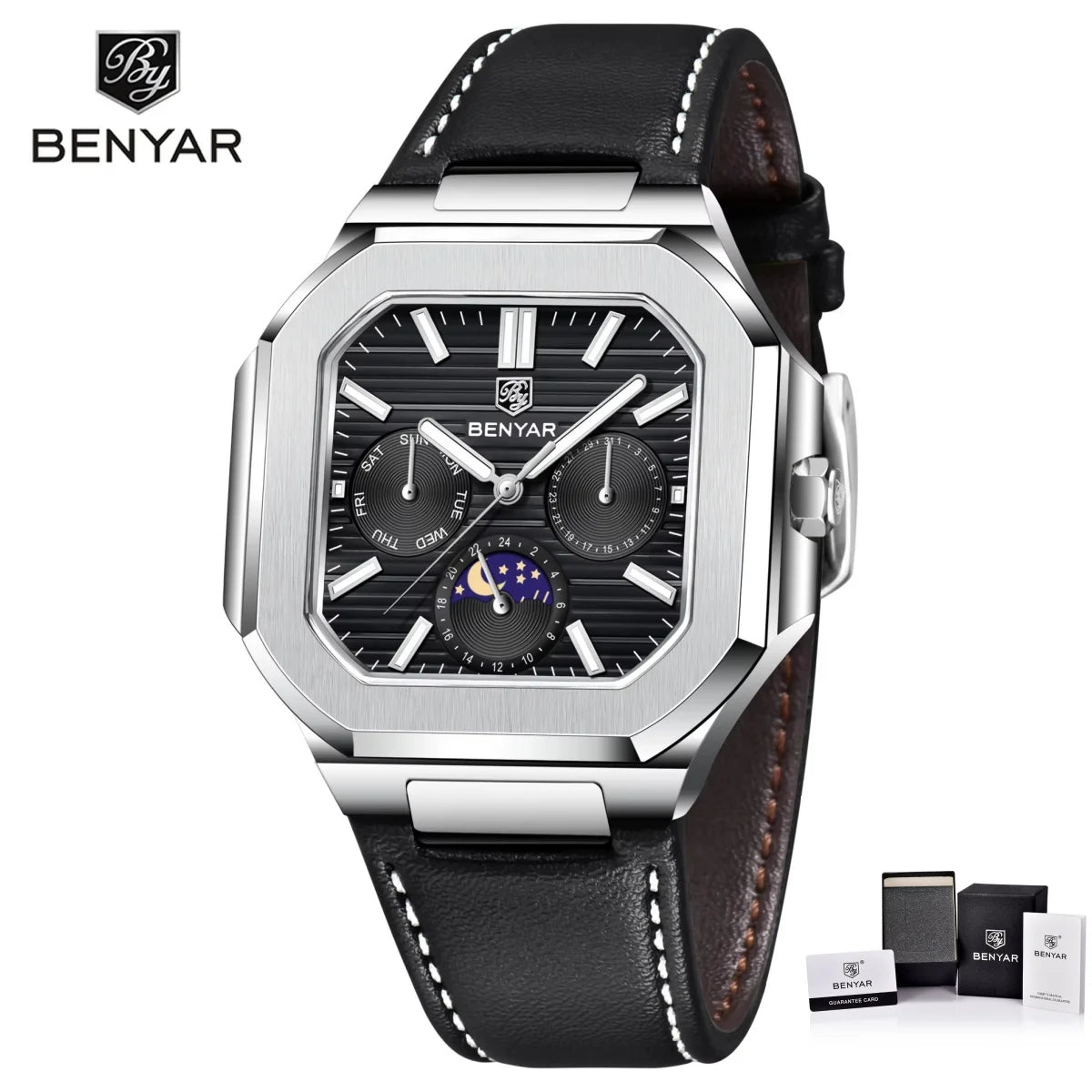 BENYAR Mens Square Watch 37mm Quartz Wristwatch Moon Phase Date Week 24 Hours Display Steel / Leather Strap Waterproof Luminous