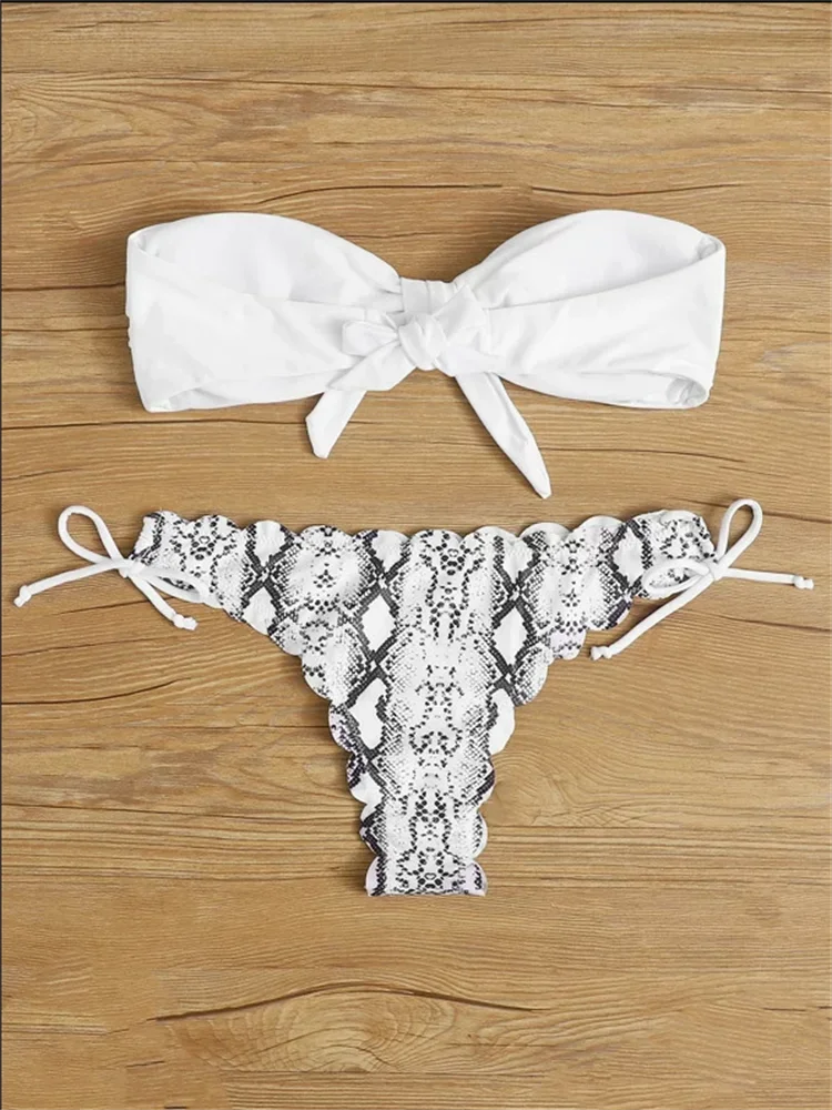 Beach Bikini 2026 Woman Sexy Front Lace Up Tie Bandeau Leopard Swimsuit Female Push Up Ruffled Bow Bathing Suit Thong Swimwear