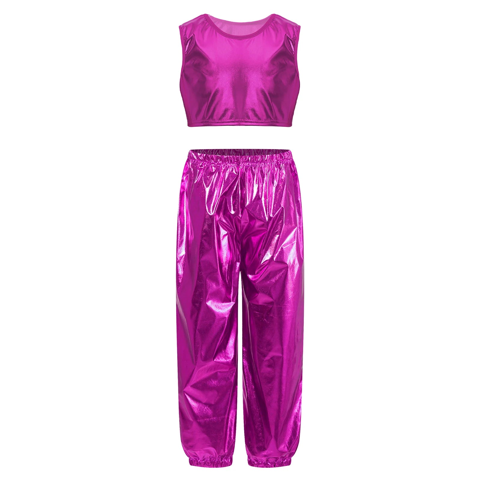 Kids Girls Boys Fashion Clothes Set Metallic Shiny T-shirt with Pants Suit for Jazz Hip Hop Street Dance Performance Costume