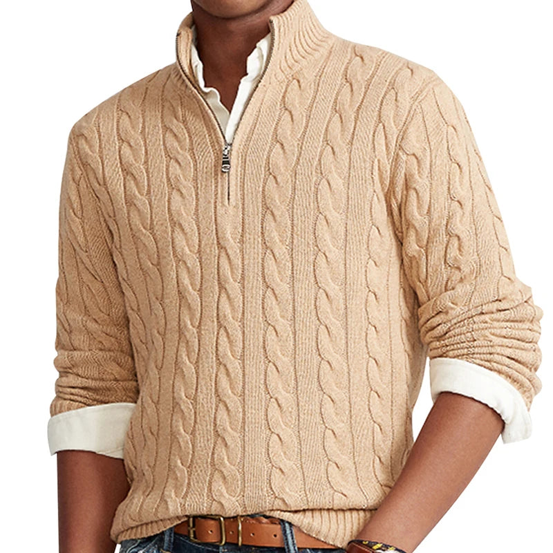 pure Cotton Sweaters Men's High Quality Autumn Cable Knit Christmas Sweater With Zipper Turtleneck Pullovers Zipper Pull Homme