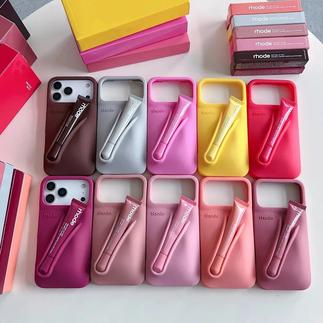 RHODE Lip Gloss Phone Case Silicone Protective Cases Makeup Lipstick Holder Set for IPhone 14 15 16 17 Pro Max Air 13 12 11 Plus