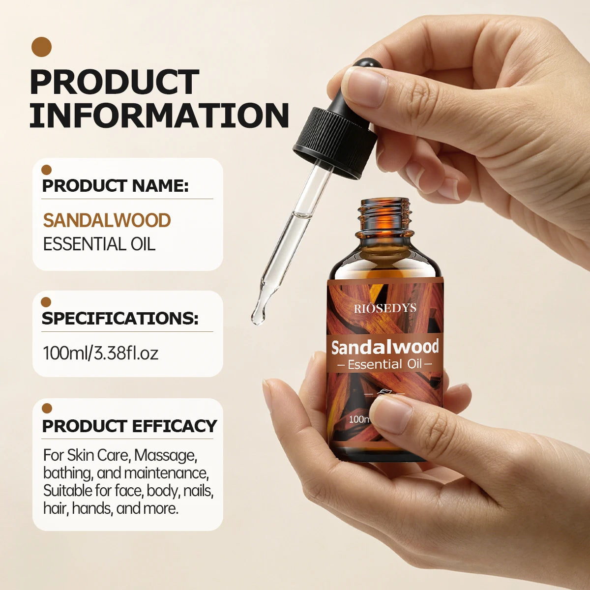SANDALWOOD ESSENTIAL OIL moisturizing and nourishing massage oil suitable for skincare, fragrance, massage, and all skin types.