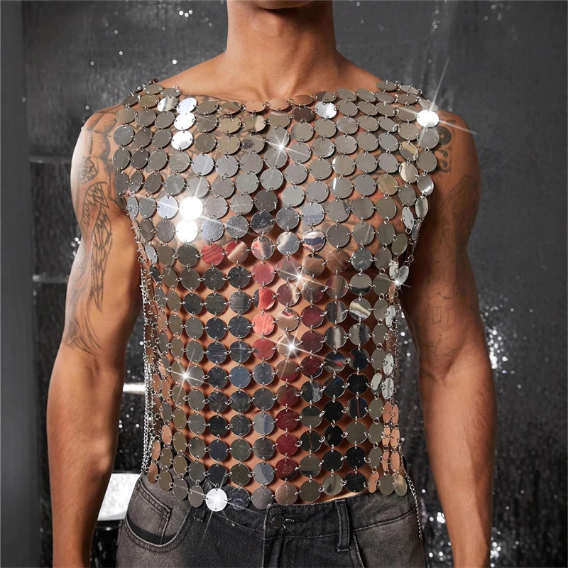 2025 New Men's Tank Tops Nightclub Metal Vest Handmade Sexy Perspective Party Stage Performance Punk Style Crop Top Accessories