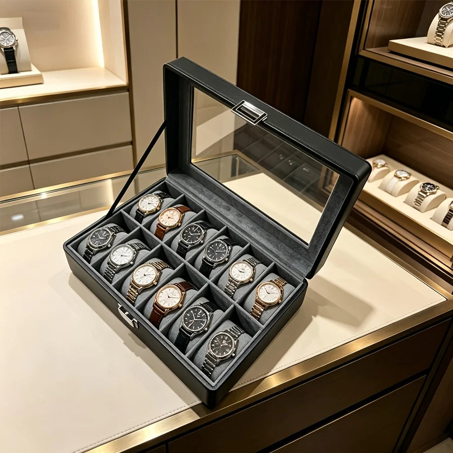 Men's 12 Slot Leather Watch Box with Lock, Luxury Watch Display Organizer + 3Pcs Clear Bracelet Storage Box 4Pcs Set