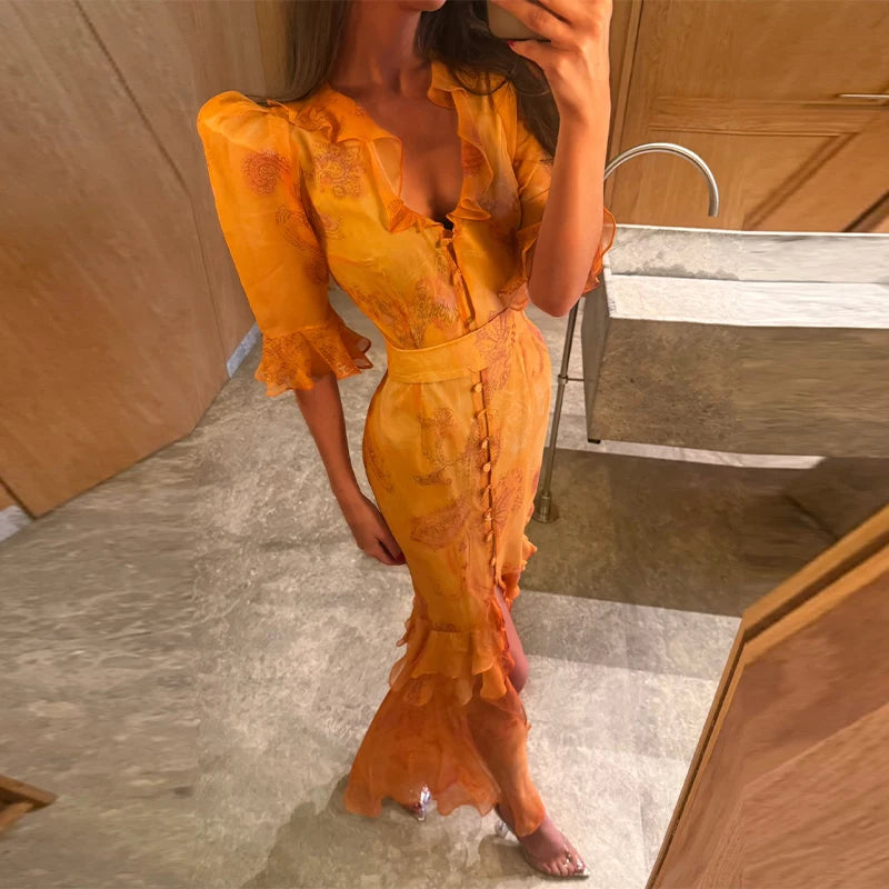 Sexy Printed Flower Long Women's Dress Sleeveless Waist-Closed Slash Neck Lady Dresses Summer Sling Vacation Holiday Robe