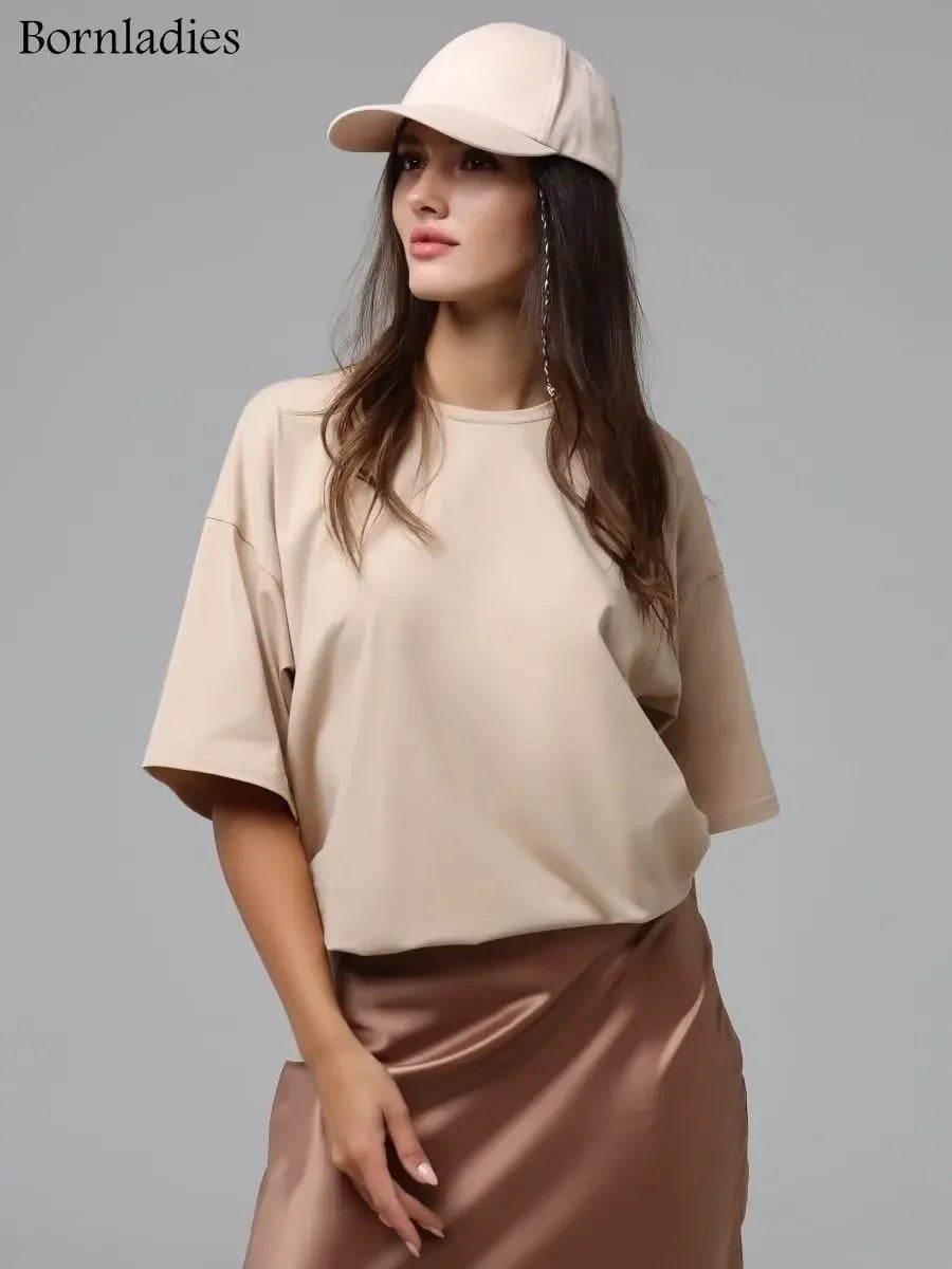 Bornladies 2025 Women's Summer 100% Cotton T-shirt Bottoming Basic Fashionable Solid Lady Short Sleeve Loose Tops Shirts