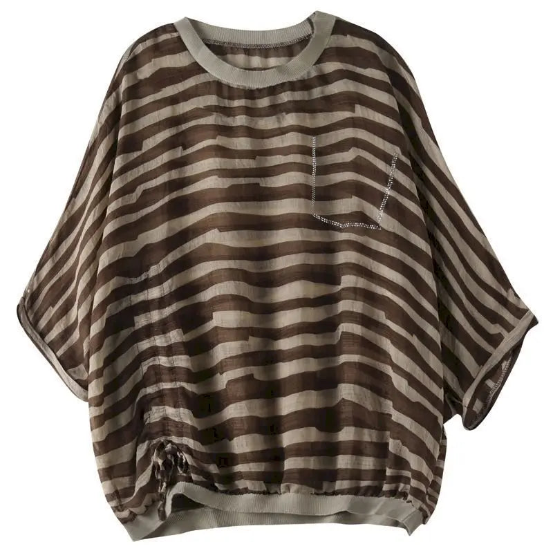 Oversized T Shirts Women Fashion Striped Irregular Design T-shirt Casual Loose Short Sleeve Top Summer Trend Thin Tshirt Vintage