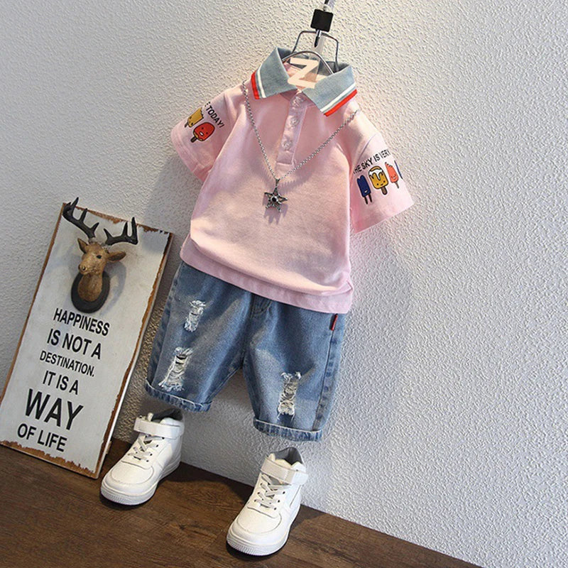 2-10 Years Kids Boys Clothes Set Summer Short Sleeve Cartoon Print Lapel T-shirt And Denim Shorts 2PCS Children Tracksuit Outfit