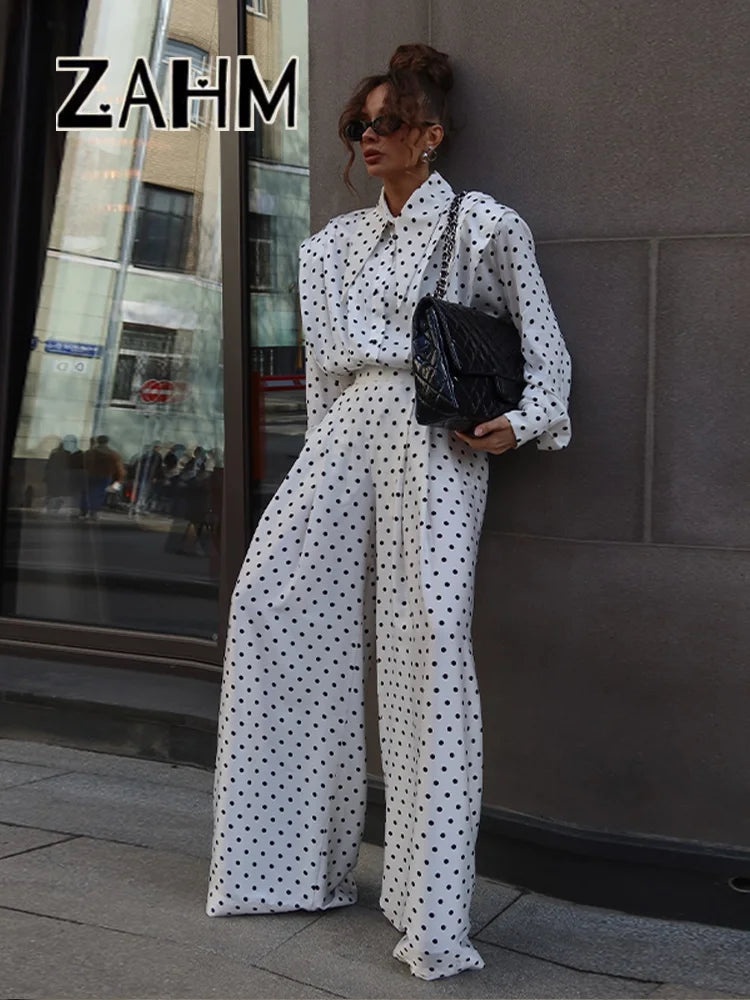 Elegant Dot Shirt Pants Women Set Casual Lapel Button Pleated Blouse Wide Leg Trousers 2026 Spring Summer Chic Lady Outfit New