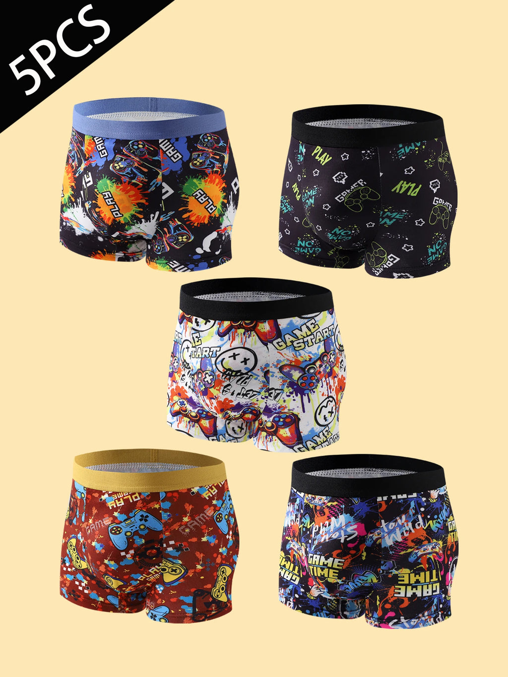 5-Piece Mixed Pack of Boys' Training Briefs with Game Console Print, Street Style, Soft and Comfortable, Stretchy Boxer Briefs for Children, Suitable for Ages 8-12