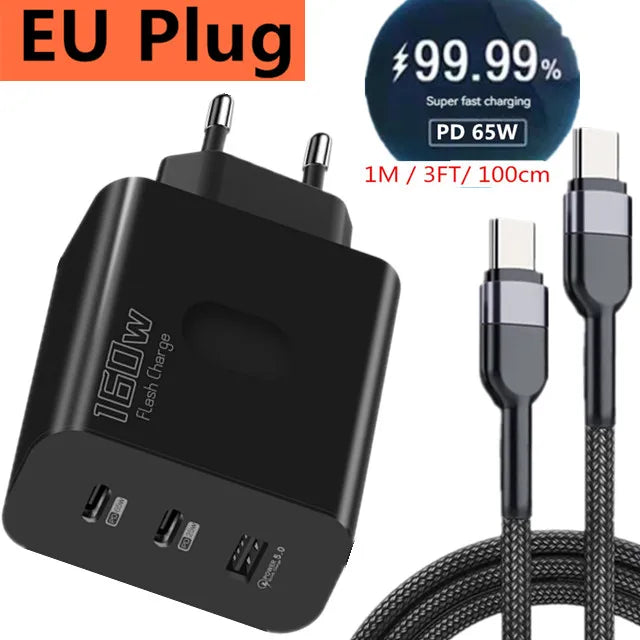 160W Fast Charger USB Type C Phone Charger Adapter Quick Charge QC 5.0 3.0 PD 65W Charger For iPhone iPad Samsung Huawei Xiaomi