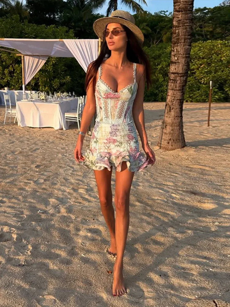 Floral Print Women Mini Skirt Set Lace Sleeveless Hollow Out Cami Shirred Waist Ruffle Hem Short Skirts 2026 Summer Chic Suit