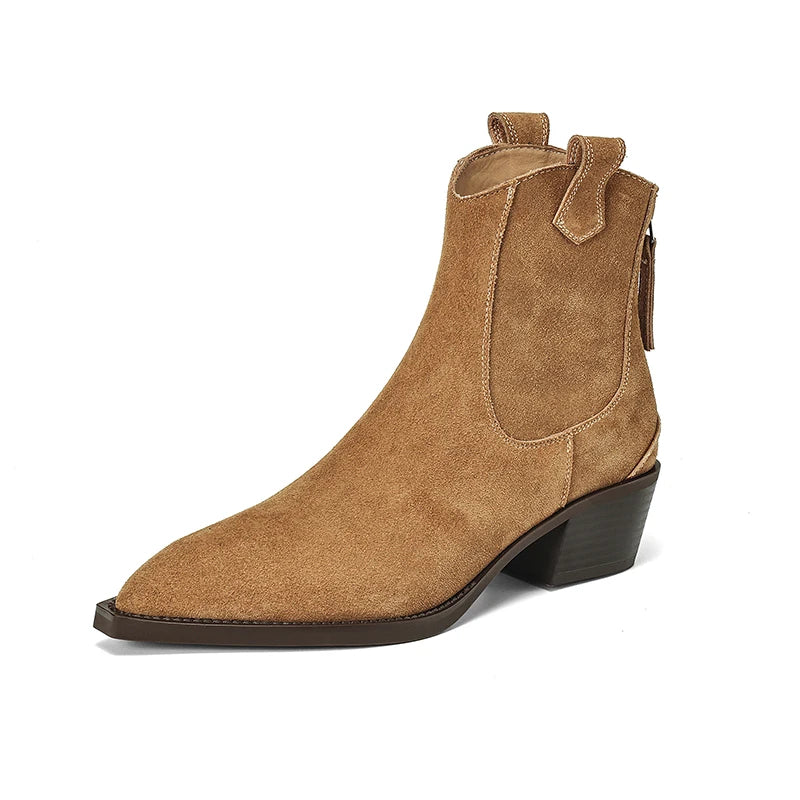 Cow Suede Women Western Boots Black Brown Khaki Mid Block Heels Back Zipper Pointed Toe Retro Ladies Autumn Winter Ankle Boots