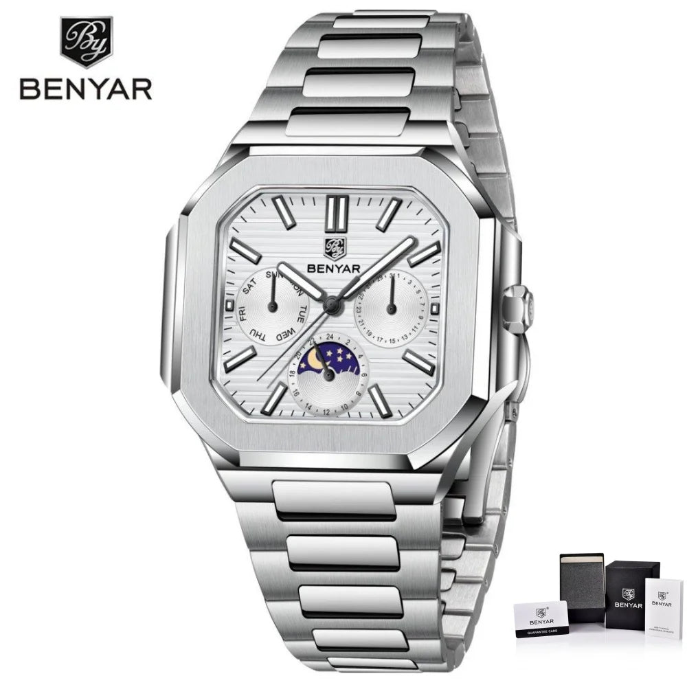 BENYAR Mens Square Watch 37mm Quartz Wristwatch Moon Phase Date Week 24 Hours Display Steel / Leather Strap Waterproof Luminous