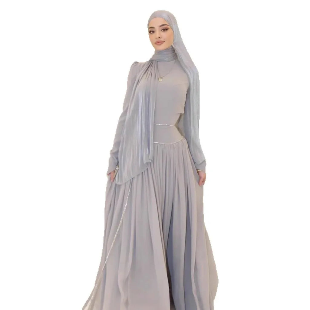 Women Eid Abayas Party Long Dresses Headscarf Diamond Chain Muslim Ramadan Morocco Dubai Kaftan Islam Vestidos Robe Jalabiya