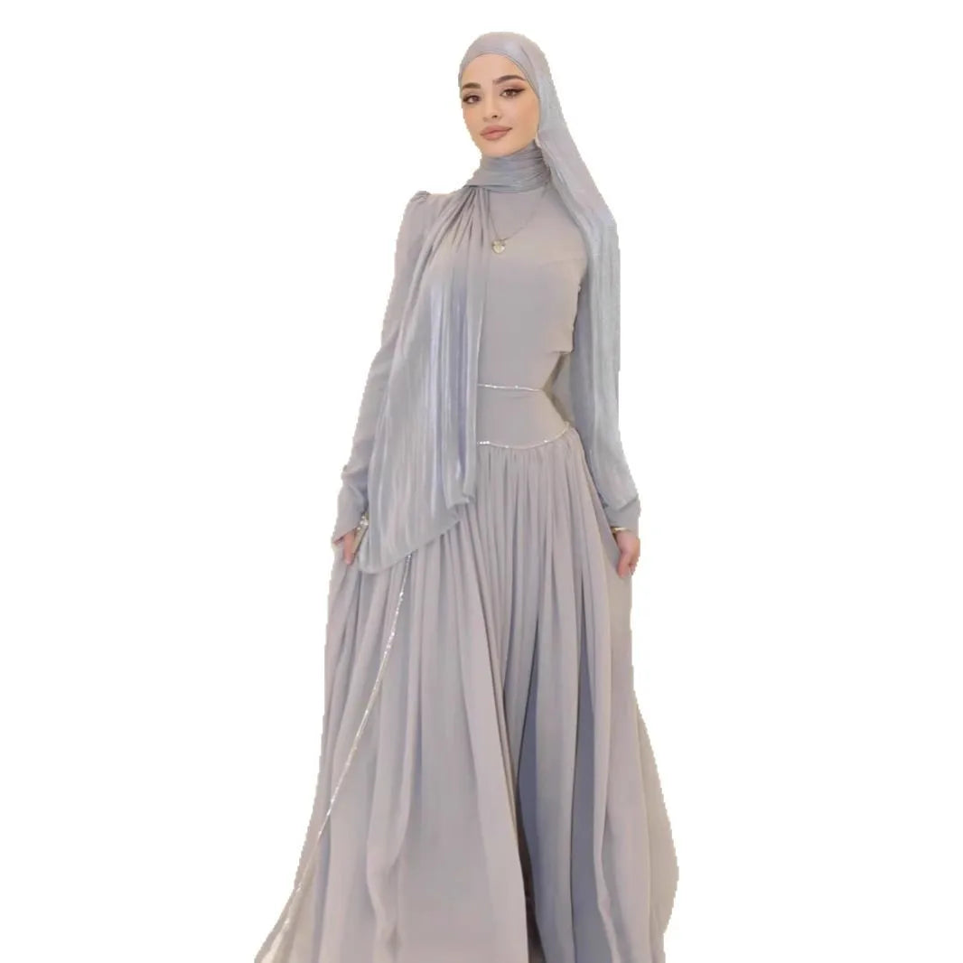 Women Eid Abayas Party Long Dresses Headscarf Diamond Chain Muslim Ramadan Morocco Dubai Kaftan Islam Vestidos Robe Jalabiya