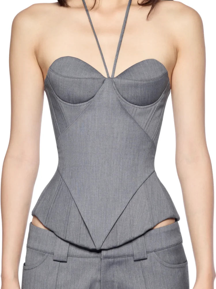 Sexy Patchwork Halter Suit Corset Low Neck A Line Lace Up Fishbone Top Solid Tube Vest 2026 New Lady Party Vacation Tops