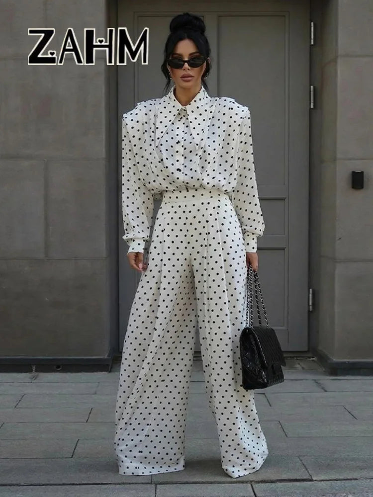 Elegant Dot Shirt Pants Women Set Casual Lapel Button Pleated Blouse Wide Leg Trousers 2026 Spring Summer Chic Lady Outfit New