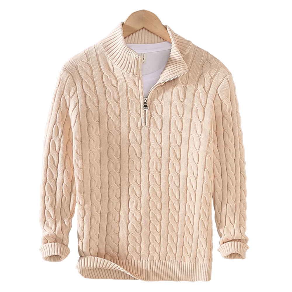 pure Cotton Sweaters Men's High Quality Autumn Cable Knit Christmas Sweater With Zipper Turtleneck Pullovers Zipper Pull Homme