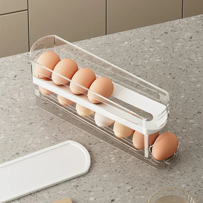 Bilayer Fridge Egg Storage Box Ladder Style Automatic Rolling Egg Holder Rack Refrigerator Dispenser Egg Organizer