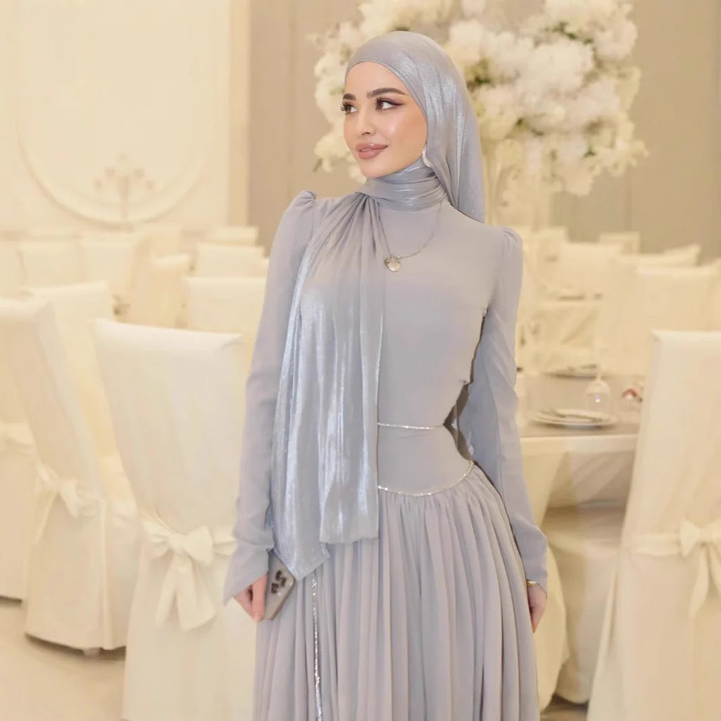 Women Eid Abayas Party Long Dresses Headscarf Diamond Chain Muslim Ramadan Morocco Dubai Kaftan Islam Vestidos Robe Jalabiya