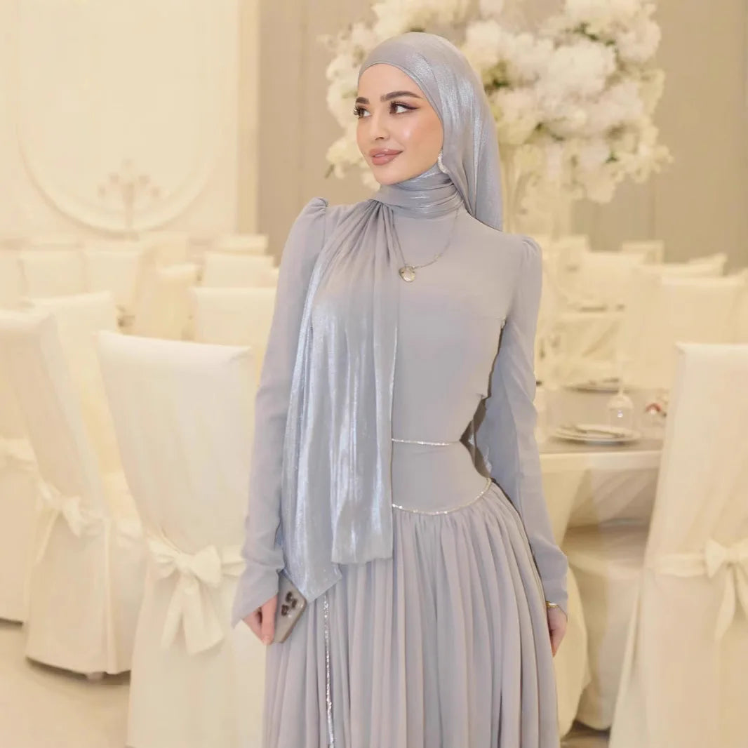 Women Eid Abayas Party Long Dresses Headscarf Diamond Chain Muslim Ramadan Morocco Dubai Kaftan Islam Vestidos Robe Jalabiya