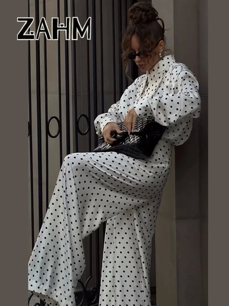Elegant Dot Shirt Pants Women Set Casual Lapel Button Pleated Blouse Wide Leg Trousers 2026 Spring Summer Chic Lady Outfit New